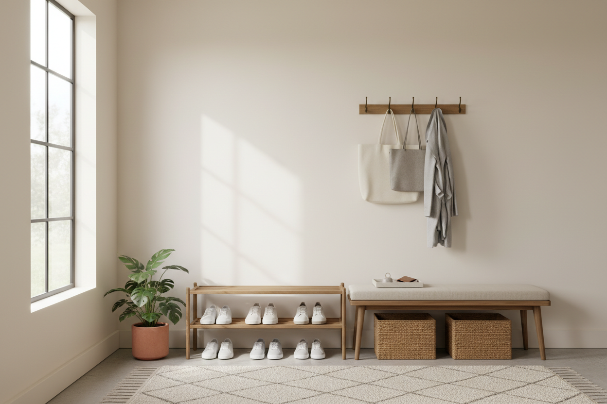 A bright and clean modern entryway with a slim shoe rack, woven baskets, wall hooks, a small bench, a key tray, neutral rug, and soft natural daylight, styled in a calm organized home aesthetic. No text.