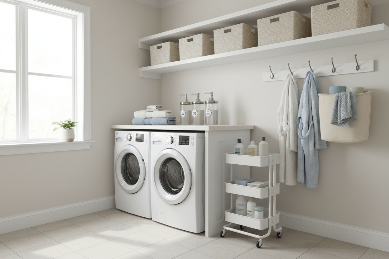 A bright and organized laundry room with white shelves, matching baskets, clear detergent containers, folded towels, a slim rolling cart, wall hooks, and soft natural daylight in a clean modern home style. No text.