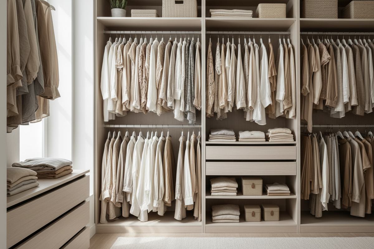 A clean, neutral-toned closet with neatly arranged clothes, soft natural lighting, and a minimalist aesthetic that still feels slightly full and layered