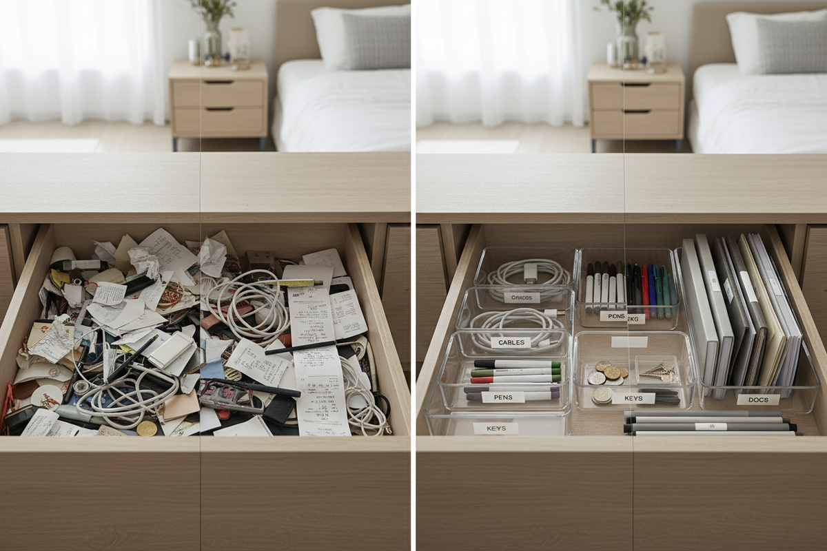 Before and after decluttering scene showing a messy drawer or shelf transformed into a clean organized space, realistic home setting, natural light, neutral tones