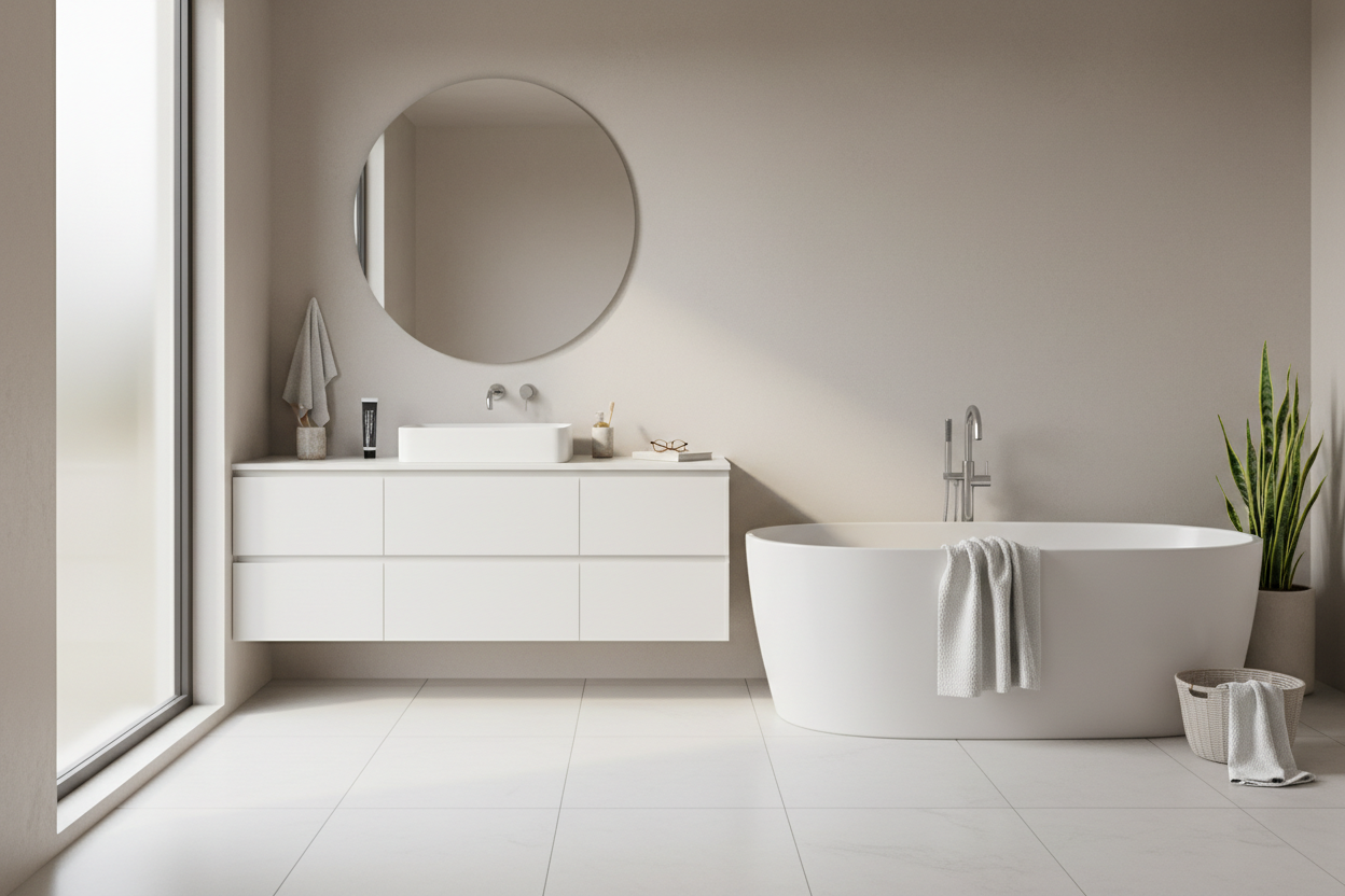 Bright modern bathroom with minimal design and slight everyday clutter, soft natural lighting, realistic and calm atmosphere