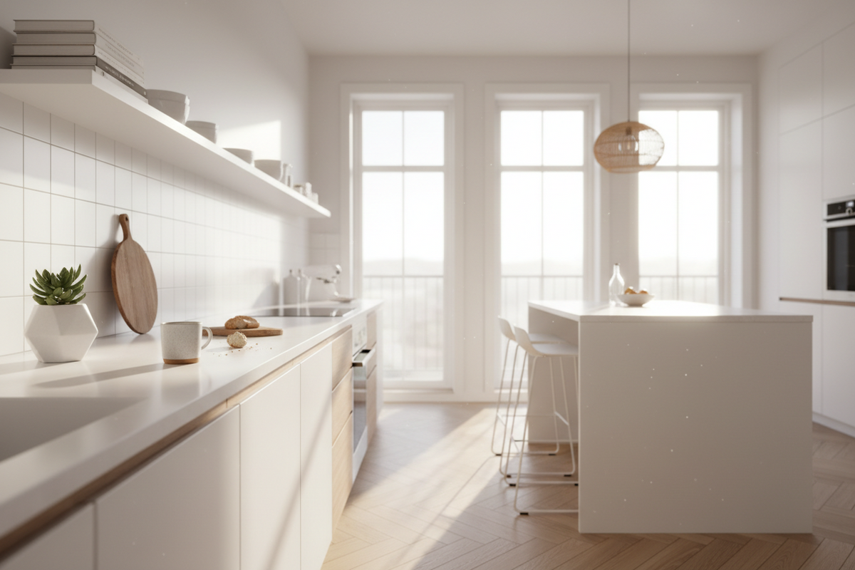 Clean modern kitchen with natural light, minimal design, and subtle everyday clutter creating a realistic lived-in aesthetic