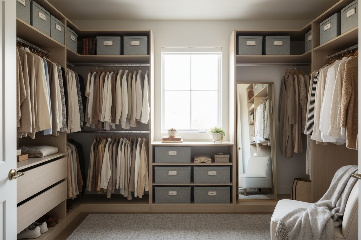 Organized closet with neatly arranged clothes and storage boxes, slightly lived-in but clean, soft natural light, neutral tones, modern home feel