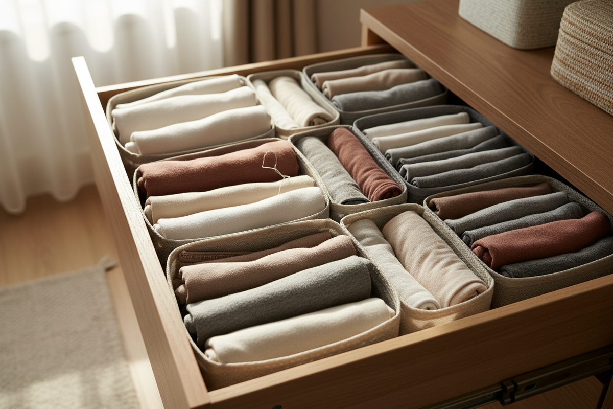 Organized drawer with dividers and neatly arranged clothes, slightly imperfect but clean, natural light, realistic bedroom setting, neutral tones