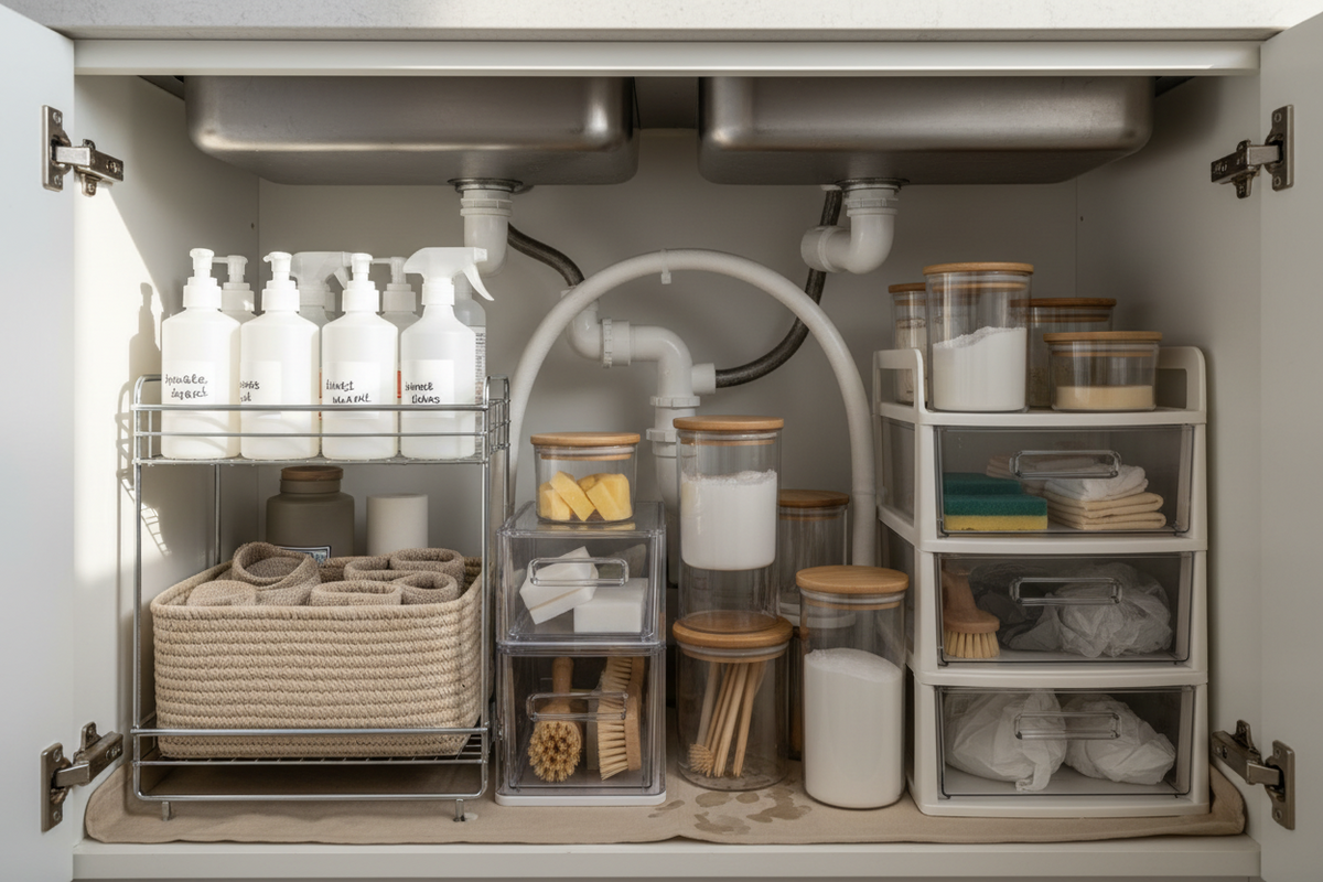 Organized under sink kitchen cabinet with storage racks and containers, pipes visible but neatly arranged around, slightly lived-in feel, natural light, neutral tones