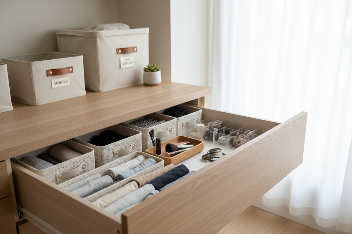 Realistic home organization scene showing a neatly arranged drawer and storage boxes, slightly imperfect but clean, soft natural light, neutral tones, modern minimal home, 4:5 ratio, no text, no logo