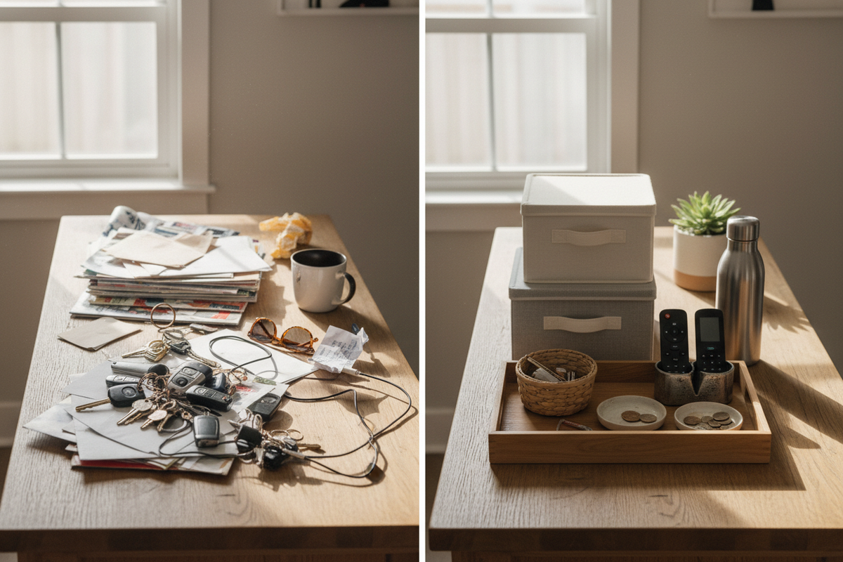 Realistic home scene showing cluttered surface versus organized setup with trays and storage, natural lighting, neutral tones, slightly lived-in feel