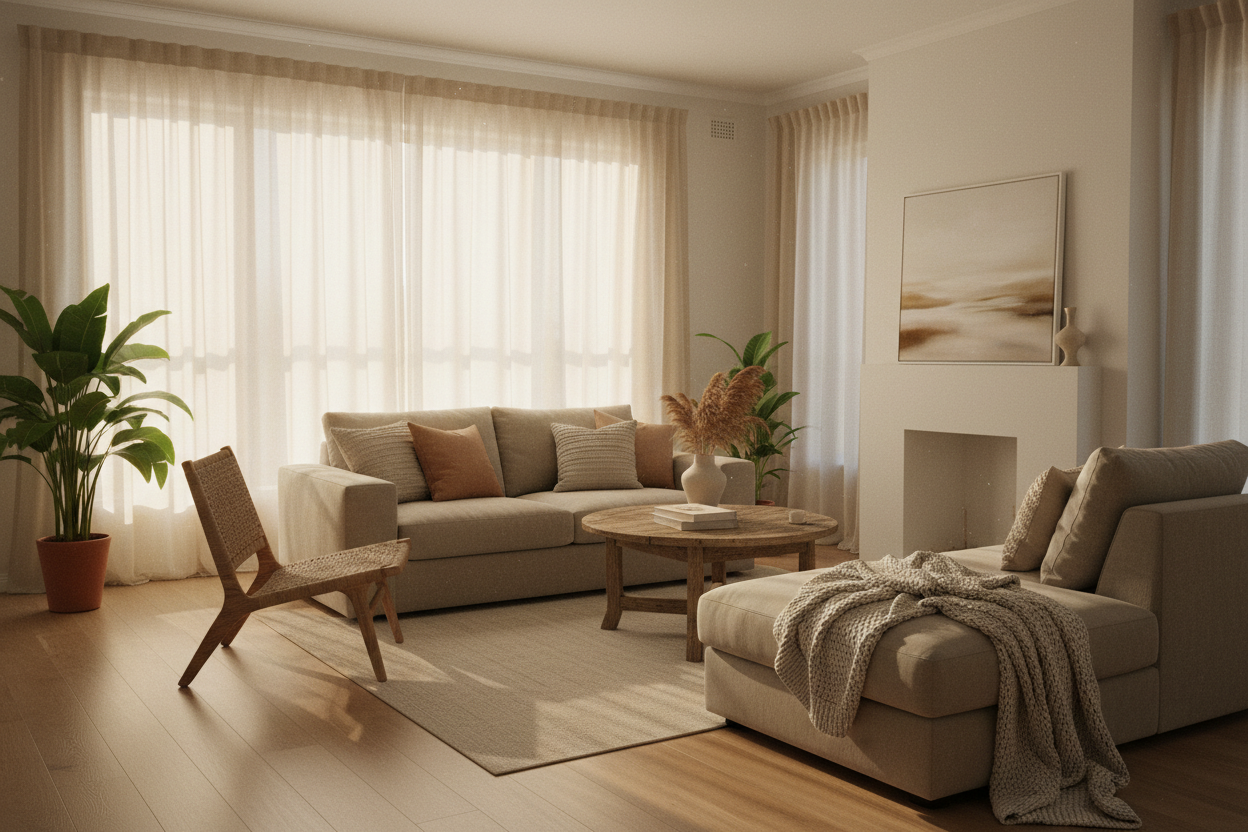 Warm sunlit living room with soft curtains, neutral tones, and a calm airy atmosphere, cinematic and emotional lifestyle aesthetic