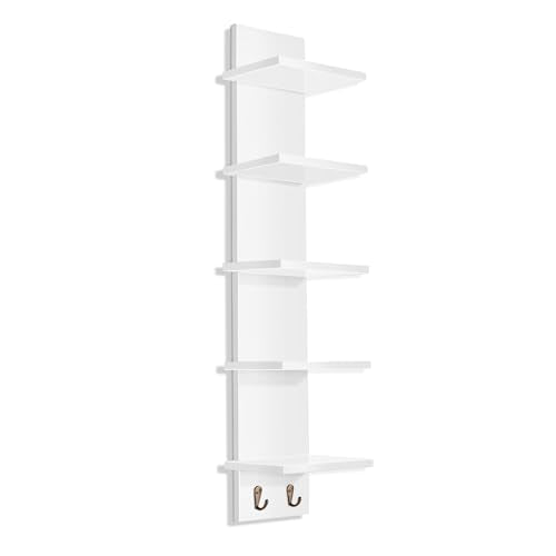 Sorbus 5 Tier Wall Shelf Unit with Hooks, Vertical Column Utility Shelving for Home Decor and Storage Organizer, Wall-Mounted Floating Shelves for Bathroom Storage, Bedroom, Living Room - color: White, size: 1 Pack