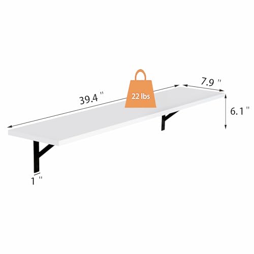 DINZI LVJ Long Wall Shelves, 39.4Inch Wall Mounted Shelves Set of 2, Easy-to-Install, Wall Storage Ledges with Sturdy Metal Brackets for Living Room, Bathroom, Bedroom, Kitchen, White - color: White, size: 39.4 Inch