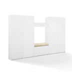 BOWERY HILL 6-Piece Modern MDF/Birch Veneer Entryway Set, White/Tan Finish, Includes Bench with Cushion, Shelf, 2 Pantry Closets, 2 Hall Trees, Modular Storage Solution for Foyer or Mudroom