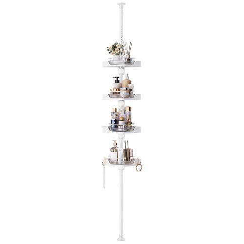360° Rotating Shower Caddy Tension Pole, 4 Tiers Corner Shower Organizer for Bathroom Shelf Bathtub, Adjustable Standing Shower Rack Bathroom Accessories, Easily Assemble, 34-124 Inch Height, White - color: White, size: 4tiers
