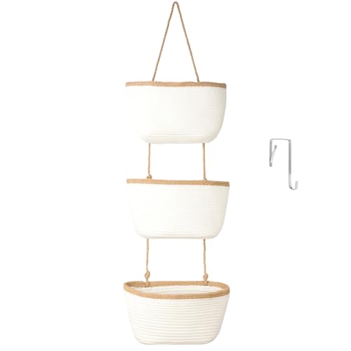 TeoKJ Over the Door Hanging Basket, 3-Tier Woven Cotton Wall-Mounted Storage Organizer Bag Decorative Hanging Nursery Baskets, White & Dark Brown - color: White & Dark Brown
