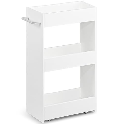 MARTY Wood Rolling Storage Cart 7.9" W, 3 Tier White Slim Utility Kitchen Cart on Wheels Laundry Room Bathroom Organizers Narrow Shelves with Handle Mobile Shelving Unit for Small Places - color: White