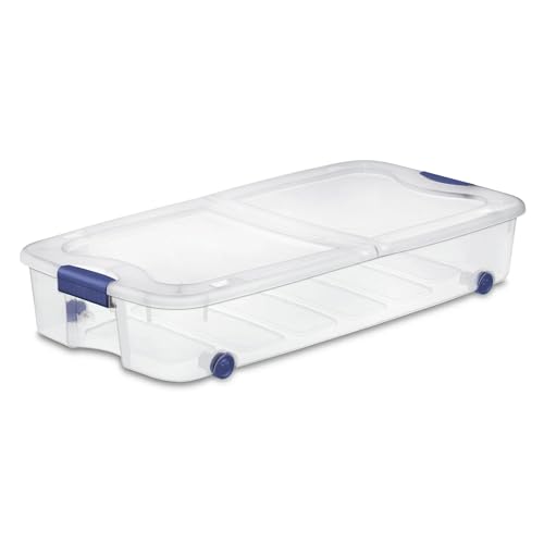 Locking 66-Quart Rolling Under-Bed Storage Container, Transparent with Secure Latched Lid in Blue