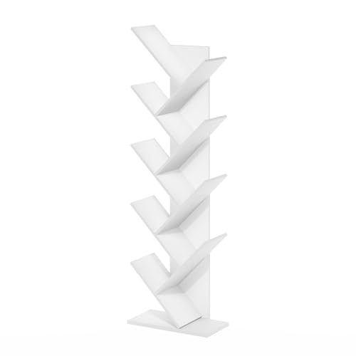 Furinno TREE Book Shelf, 9-Tier Bookshelf, Tree Bookcase with Angled Open Shelf, 8.4 x 15.7 x 50.9, for Room Decor, for Living Room, Bedroom, Home Office, White - color: White, size: 9-Tier Tree Bookcase