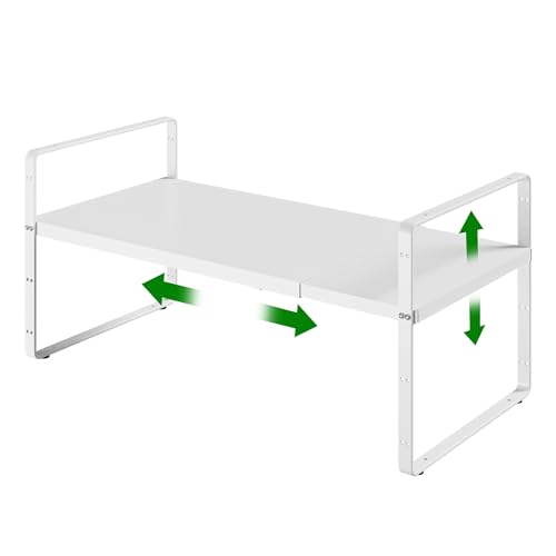 Expandable Cabinet Organizer Shelf, Adjustable Height Organizer Riser for Kitchen Cabinet Spice Rack Locker Pantry Cupboard Under Sink Countertop Desk Organization Metal Stackable Shelves - color: White-1pack