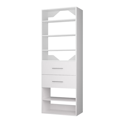 ROOMTEC Modular Closet System, 31.5" 2 Drawer Shelf Closet Tower Wall-Mounted Closet Organizer, Wooden Tower for Walk-In Closets, Wardrobe Storage Kit, White - size: 31.5" Wide, style: Model 11