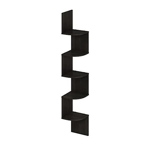 Furinno Rossi 5-Tier Floating Corner Shelf for Wall, Corner Zigzag Shelf Wall Mounted, Radial Wall Mount Shelves, for Home Office, Living Room, Bedroom, Bathroom, Espresso - color: Espresso, size: 5-Tier Square