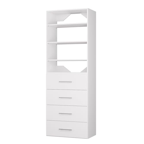 ROOMTEC Modular Closet System, 19.5" 4 Drawer Shelf Closet Tower Wall-Mounted Closet Organizer, Wooden Tower for Walk-In Closets, Wardrobe Storage Kit, White - size: 19.5" Wide, style: Model 8