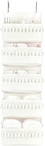 Dahey Over The Door Organizer Boho Nursery Storage Decor Closet Hanging Organizer with Tassels Decoration for Bedroom Nursery Bathroom Apartments Dorm Pantry, 5 Pockets, White - color: White, size: Large