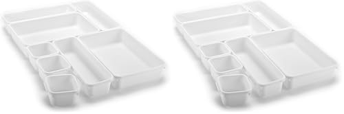 Masirs Interlocking Drawer Organizer Bins - Durable Plastic, Various Sizes for Custom Layout Design. Great for Desk Drawer, Tool Box or Garage Organization. (White | 8-Piece Set) (Pack of 2) - color: White, size: Various Sizes (Pack of 2)