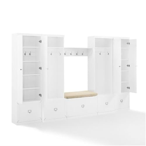 BOWERY HILL 6-Piece Modern MDF/Birch Veneer Entryway Set, White/Tan Finish, Includes Bench with Cushion, Shelf, 2 Pantry Closets, 2 Hall Trees, Modular Storage Solution for Foyer or Mudroom