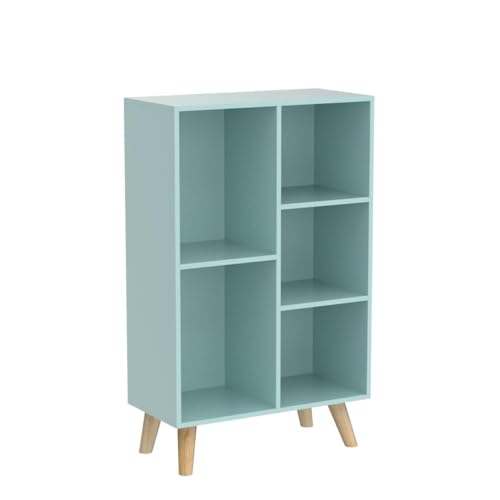 IOTXY Wooden Open Shelf Bookcase - 3-Tier Floorstanding Display Cabinet Rack with Legs, 5 Cubes Free Standing Bookshelf, Tiffany-Green - color: Tiffany Green, size: 50CM