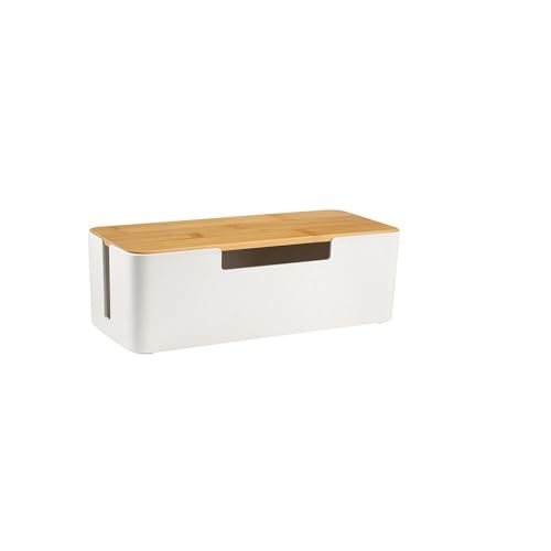 ABS Cord Organizer Box with Wooden Lid, Cable Management Box for Power Strips or Surge Protectors, Desk Cable Tidy Box for Office Home(White) - color: White
