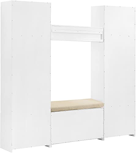 Crosley Furniture Harper 4-Piece Storage Cabinet, Shoe Rack Bench, and Wall Shelf Set with Coat Hooks, White