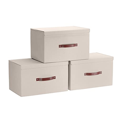 Ornavo Home 3 Pack Collapsible Storage Bins with Lid, Foldable Linen Fabric Shelf Storage Basket Closet Organizer and Large Storage Box for Clothes with Leather Handles, 16.5 x 11.8 x 7.5, Beige - color: Beige, size: XLarge - 3 Pack