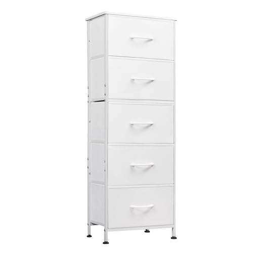 WLIVE Fabric Dresser, 5-Drawer Tall Dressers for Bedroom, Storage Dresser Organizer with Fabric Bins, Wood Top, Sturdy Steel Frame, Chest of Drawers for Closet, Hallway, White - color: White