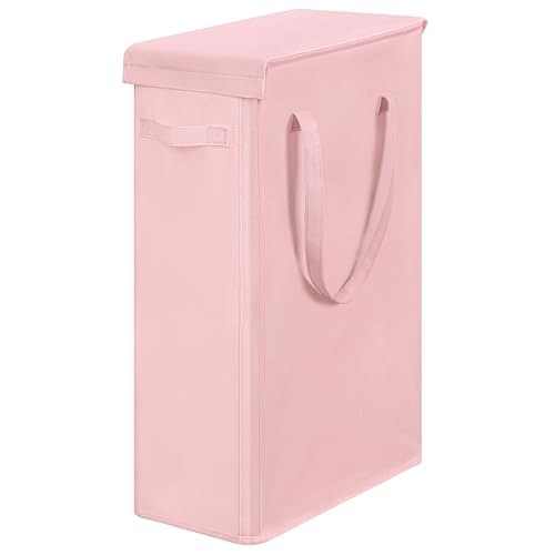 Chrislley 60L Slim Laundry Hamper with Lid Narrow Laundry Basket with Handle Upgrade Foldable Dirty Clothes Hamper Portable Skinny Hamper Organizer Storage Bins (25.6 inches, pink) - color: pink