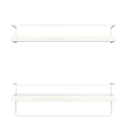 Shario Floating Shelves - Set of 2, Wall Mounted Hanging Shelves with White Towel Rack, Decorative Storage Shelves for Bathroom, Kitchen, Living Room & Bedroom (Rustic White) - color: Rustic White