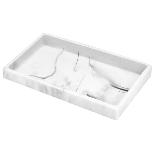 Luxspire Bathroom Vanity Tray, Resin Dresser Jewelry Ring Dish Tank Storage Kitchen Sink Countertop Organizer Plate Holder for Perfume Candles Soap Towel Plant Bathroom Accessories, M, White Marble - color: Marble White, style: M