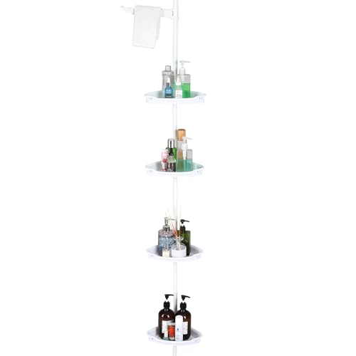 No-Drill Corner Shower Caddy Tension Pole, Rust-Resistant Bathroom Storage Organizer with 4-Tier Adjustable Shelves & Rubber Pad, 101.6''- 122'' Height, White - color: White