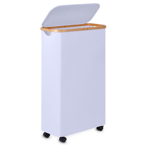 Slim Laundry Basket with Wheels,Narrow Hampers for Laundry,Freestanding Laundry Hamper with Lid&Bamboo Handles,Collapsible & Waterproof Tall Cloth Hamper for Dorm Family(60L White) - color: White, size: 60L with Wheels