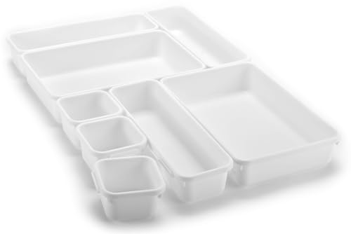 Masirs Interlocking Drawer Organizer Bins - Durable Plastic, Various Sizes for Custom Layout Design. Great for Desk Drawer, Tool Box or Garage Organization. (White | 8-Piece Set) - color: White, size: Various Sizes