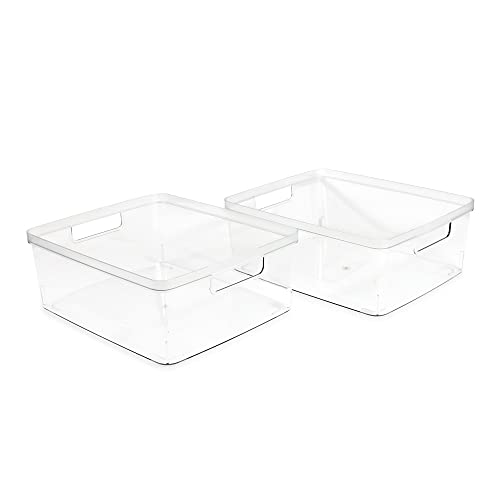Isaac Jacobs 2-Pack Large Clear Storage Bins (11.5” L x 14” W x 5.5” H) w/Cutout Handles, Plastic Organizer for Home, Office, Kitchen, Fridge/Freezer, Bathroom, BPA Free, Food Safe (Large) - size: Large