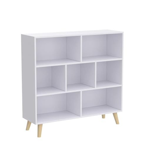 IOTXY Wooden Open Shelf Bookcase - 3-Tier Floorstanding Display Cabinet Rack with Legs, 7 Cubes Free Standing Bookshelf, Warm White - color: Warm White, size: 80CM