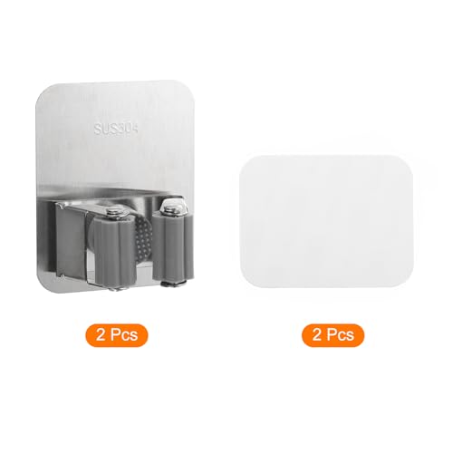 uxcell 2pcs Mop Broom Holder Wall Mount, 304 Stainless Steel Mop Holder Self Adhesive Broom Hanger with Screws, Suitable for Bathroom, Laundry Room, Grey - color: Grey