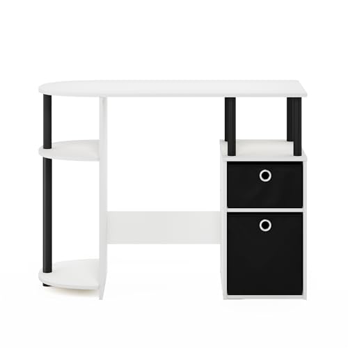 Furinno Jaya Desk, 38.4" Wide Gaming Desk with Bin Drawers, Computer Desk with Side Shelf, Office Desk for Study, Home Office, Bedroom, Dorm, Study Room, White - color: White/Black