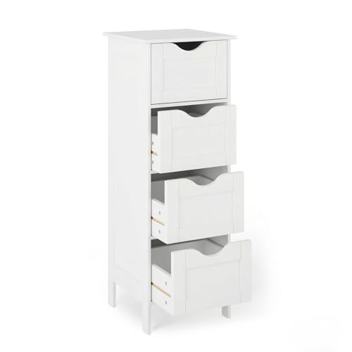 Bonnlo Skinny Bathroom Floor Storage Cabinet,White 12 Inch Wide Deep Small Storage Organizer with 4 Drawers, Wooden Modern Thin Free Standing Tower Cabinet w/ 4 Cute Drawers for Bathroom, Living Room - color: White