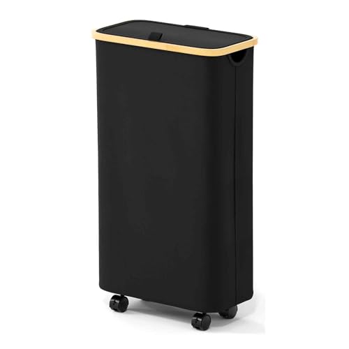 SpaceAid Slim Laundry Hamper with Wheels and Lid,62L Rolling Narrow Clothes Basket with Bamboo Handle, Large Laundry Hamper for Bedroom, Bathroom, Dorm, Laundry Room - Black - color: Black, size: 62 L
