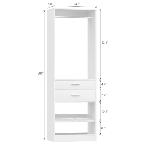 Unikito 25” W x 80'' H Closet Organizer Storage with Hanging Rod and 2 Wooden Drawer, Adjustable Angled Shoes Rack, Sturdy Garment Racks, Walk-in Closet Tower for Bedroom, Mudroom, and Entryway, White - color: White, size: 25 Inch