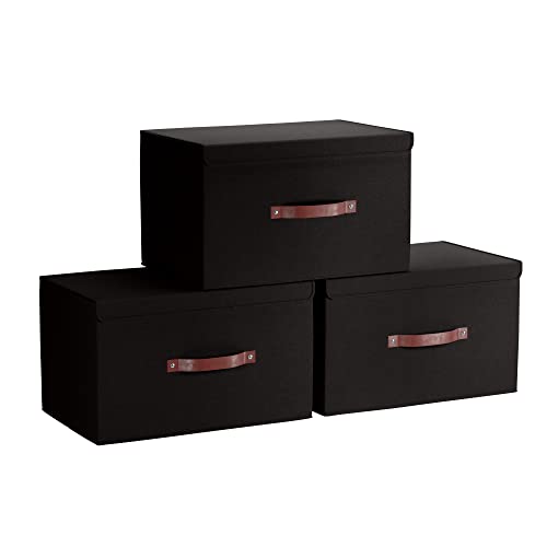 Ornavo Home 3 Pack Collapsible Storage Bins with Lid, Foldable Linen Fabric Shelf Storage Basket Closet Organizer and Large Storage Box for Clothes with Leather Handles, 16.5 x 11.8 x 7.5, Black - color: Black, size: XLarge - 3 Pack