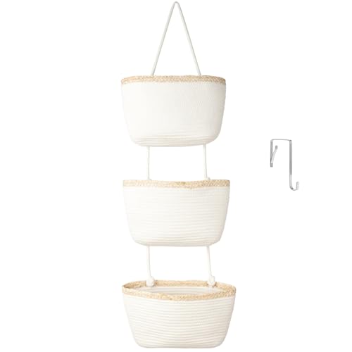 TeoKJ Over the Door Hanging Basket, 3-Tier Woven Cotton Wall-Mounted Storage Organizer Bag Decorative Hanging Nursery Baskets, White & Light Brown - color: White & Light Brown