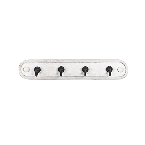 Spectrum Farmhouse Key Holder Wall Mount Rack for Entryway Garage Mudroom Hanging Organization, Easy Install Rustic Key Ring Holder Rack for Keychains Rings & Fobs, White Washed with Black Hooks
