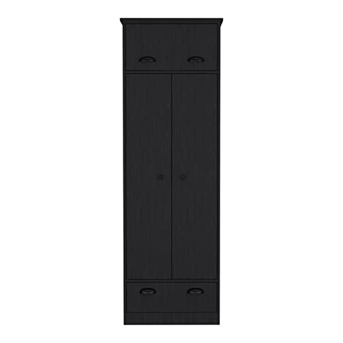 Modern Black Dresser Closet: 1 Door Upper Storage, 2 Shelves, Hanging Tube with 2 Doors, Bottom Drawer - Compact Wardrobe Solution