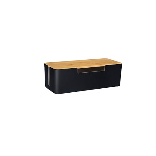 ABS Cord Organizer Box with Wooden Lid, Cable Management Box for Power Strips or Surge Protectors, Desk Cable Tidy Box for Office Home(Black) - color: Black